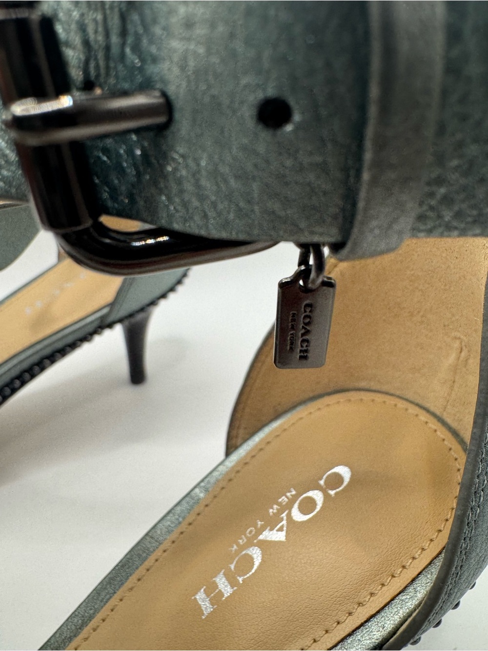 New Coach Maude Leather Ankle-Strap Sandal Heels Gun Metal Size 6 - Picture 5 of 9